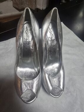 Saint Laurent Silver Metallic Open-Toe Pumps